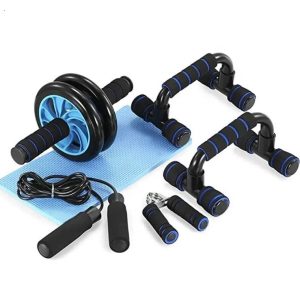 Ensemble de fitness 5 en 1: Roue Abdominale (ab roller) + push up bar + corde + pince à main et tapis à genou