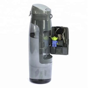 Bouteille d'eau en plastique de 750ml avec compartiment de rangement de cartes et clés pour le sport