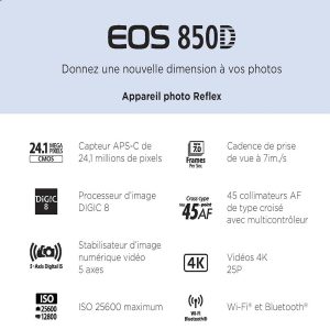 Canon EOS 850D + 18-135mm IS USM - Appareil photo 24.1 MP - ISO 25600 - Vidéo 4K UHD - Ecran LCD 3" tactile et orientable - Wi-Fi/Bluetooth - Objectif 18-135mm f/3.5-5.6 IS USM