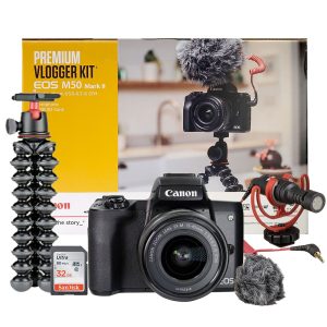 Canon EOS M50 Mark II Noir VLOGGER KiT + EF-M 15-45 mm IS STM Noir Appareil photo hybride Vlogger Kit 24.1 MP - Vidéo 4K - AF CMOS Dual Pixel - Ecran LCD tactile orientable 3" - Wi-Fi/NFC - Bluetooth + Objectif EF-M 15-45 mm IS STM + Micro Rode + Tripod + SD 32Go