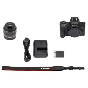 Canon EOS M50 Noir + EF-M 15-45 mm IS STM Noir - Appareil photo hybride 24.1 MP - Vidéo 4K - AF CMOS Dual Pixel - Ecran LCD tactile orientable 3" - Wi-Fi/NFC - Bluetooth + Objectif EF-M 15-45 mm IS STM