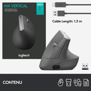 Souris sans fil ergonomique - droitier - capteur laser 4000 dpi pour Ipad, Imac et Macbook- 4 boutons -Logitech MX Vertical Original Souris sans fil ergonomique