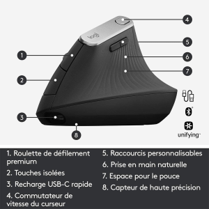 Souris sans fil ergonomique - droitier - capteur laser 4000 dpi pour Ipad, Imac et Macbook- 4 boutons -Logitech MX Vertical Original Souris sans fil ergonomique