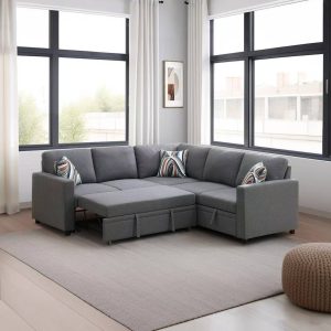 Vente en ligne à Dakar au Sénégal NODIA Design® - Canapé d'angle 5 places convertible en lit avec accoudoirs et avec espace de rangement en forme de L en gris pour salon Appartement Chambre Bureau (1)
